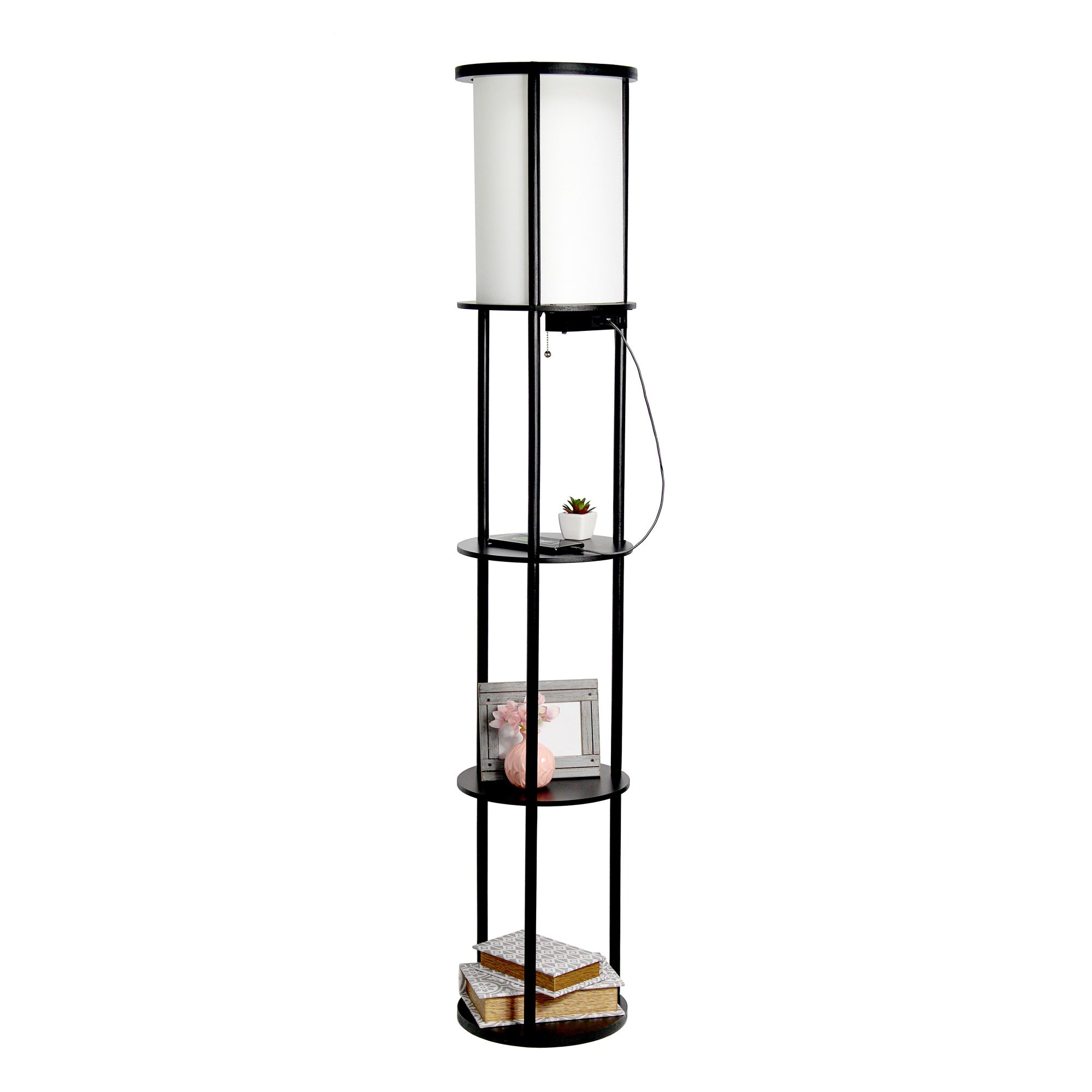 Kiva 62 1/2" Black Finish 3-Shelf USB Ports Etagere Floor Lamp