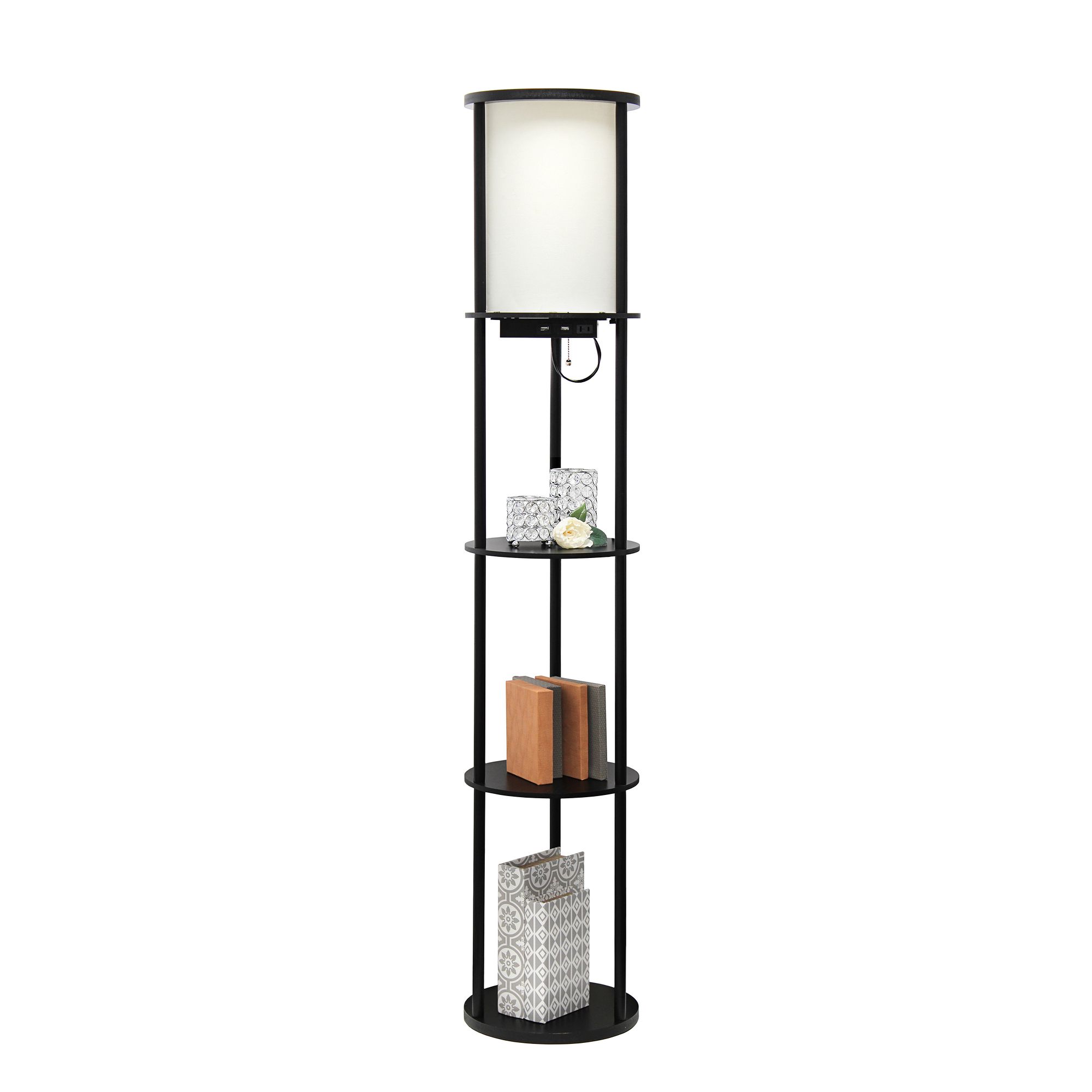 Kiva Black 3Shelf Etagere Floor Lamp with USB Ports Outlet 477X4