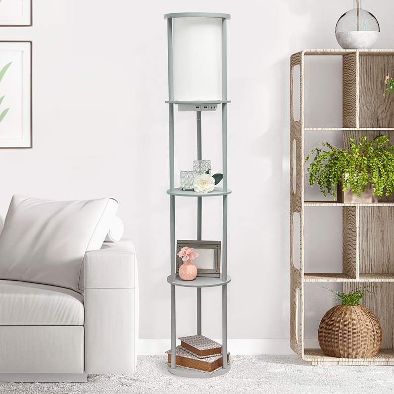 Image 1 Kiva Gray 62 1/2" 3-Shelf Etagere Floor Lamp with USB Ports and Outlet
