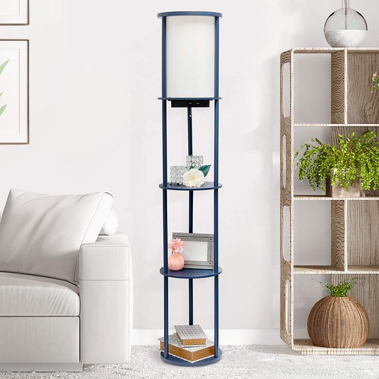 Image 1 Kiva Navy 62 1/2 inch 3-Shelf Etagere Floor Lamp with USB Ports and Outlet