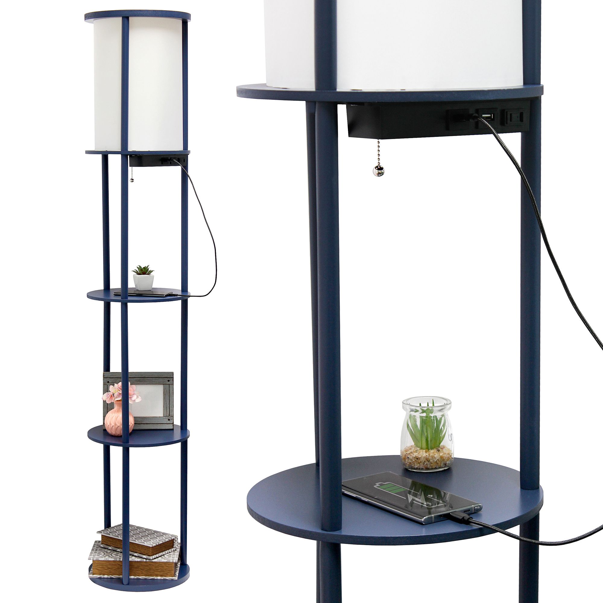 Kiva Navy 62 1/2" 3-Shelf Etagere Floor Lamp with USB Ports and Outlet