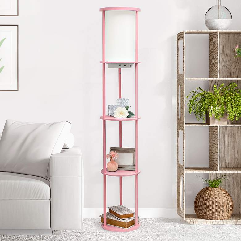 Image 1 Kiva Pink 3-Shelf Etagere Floor Lamp w/ USB Ports and Outlet