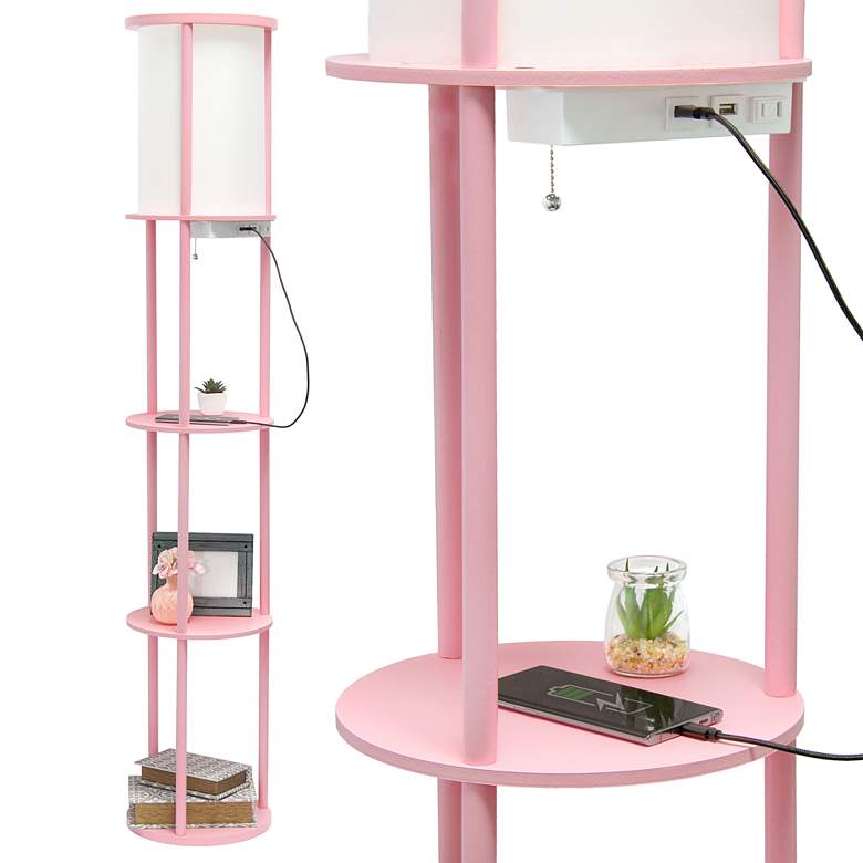 Image 7 Kiva Pink 3-Shelf Etagere Floor Lamp w/ USB Ports and Outlet more views