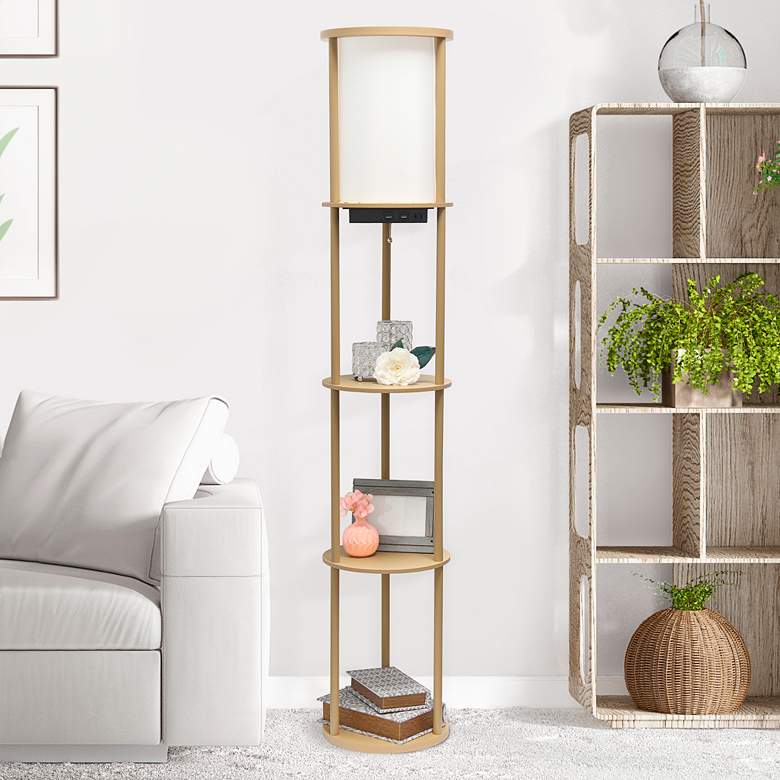 Image 1 Kiva Tan 62 1/2 inch 3-Shelf Etagere Floor Lamp with USB Ports and Outlet