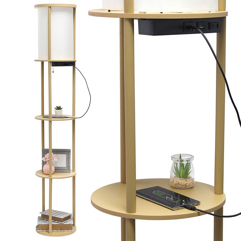 Image 7 Kiva Tan 62 1/2 inch 3-Shelf Etagere Floor Lamp with USB Ports and Outlet more views
