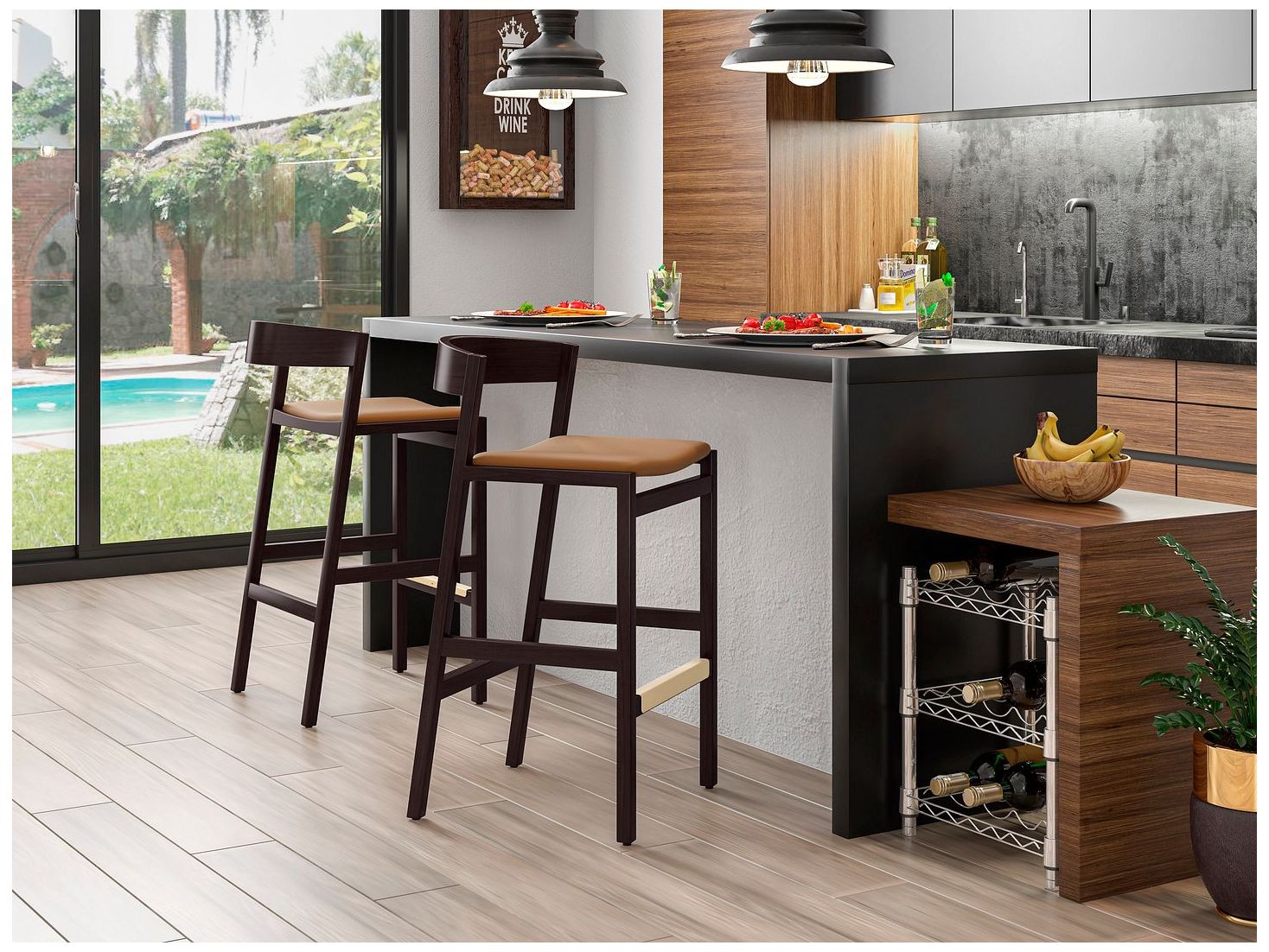 Image 2 Klismos Counter Stool in Camel and Dark Walnut (Set of 3) more views