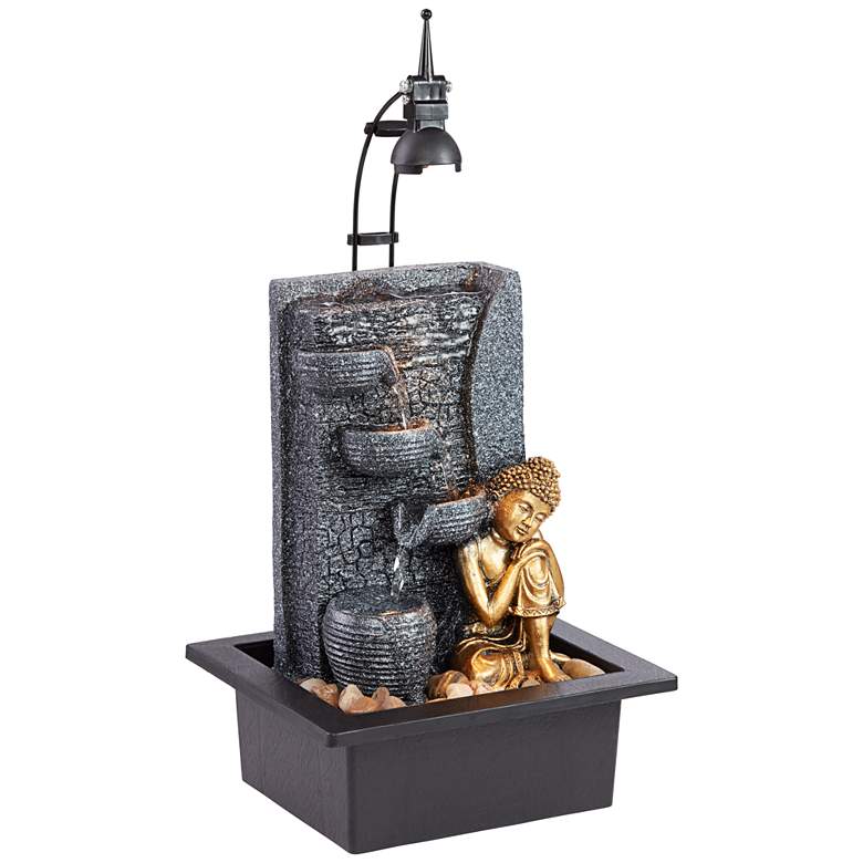 Image 1 Kneeling Gold Buddha 17" High Indoor-Outdoor LED Table Fountain