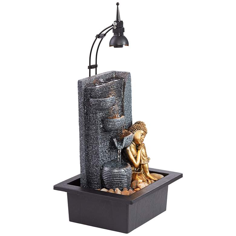 Image 6 Kneeling Gold Buddha 17" High Indoor-Outdoor LED Table Fountain more views