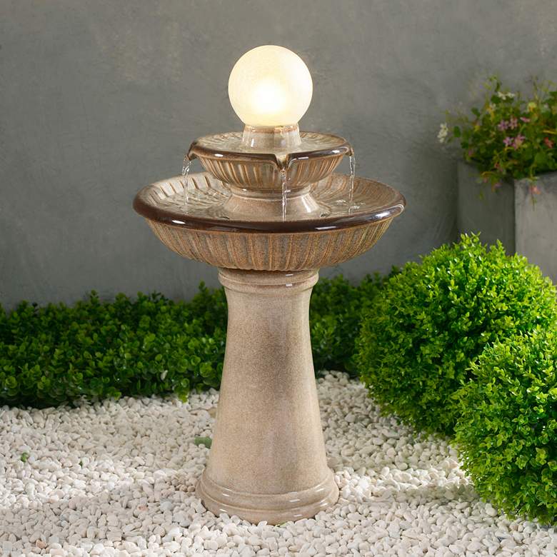 Image 1 Knight 26 1/2" High Ivory Ceramic 2-Tier LED Floor Fountain