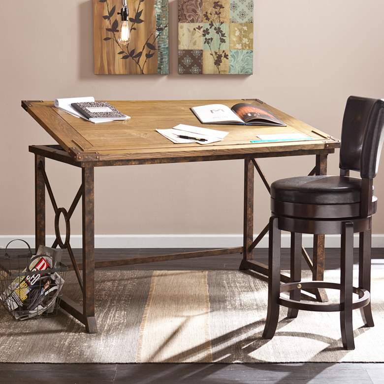 Image 1 Knightley 51 1/2" Wide Weathered Oak Tilt-Top Drafting Table