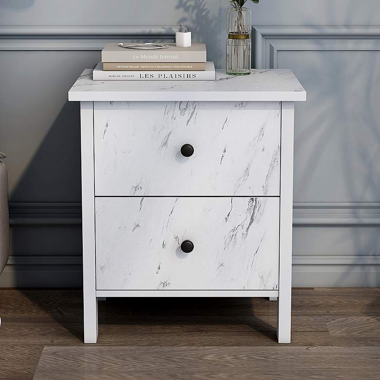 Image 1 Knott 19" Wide White Faux Marble 2-Drawer Nightstand