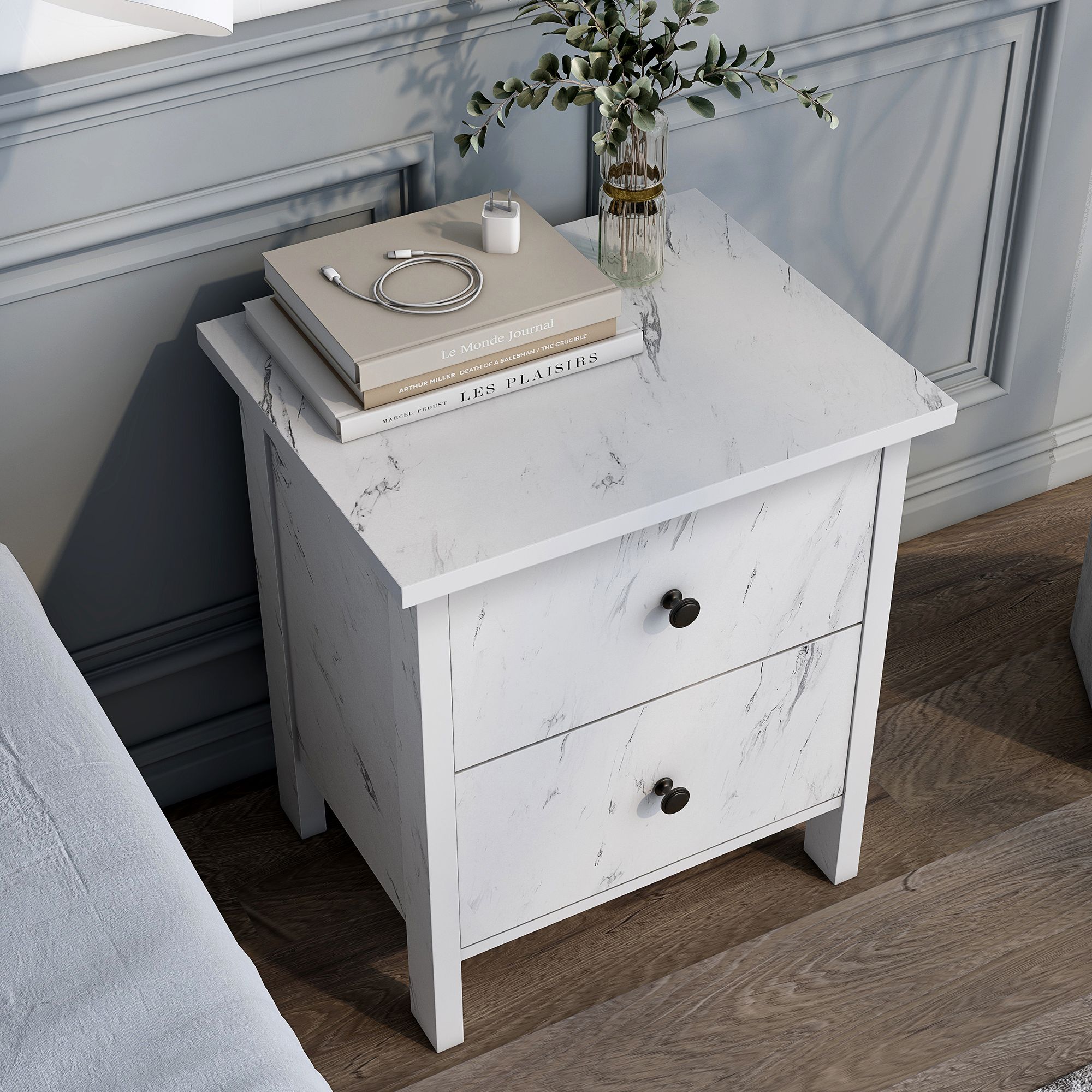 Knott 19" Wide White Faux Marble 2-Drawer Nightstand
