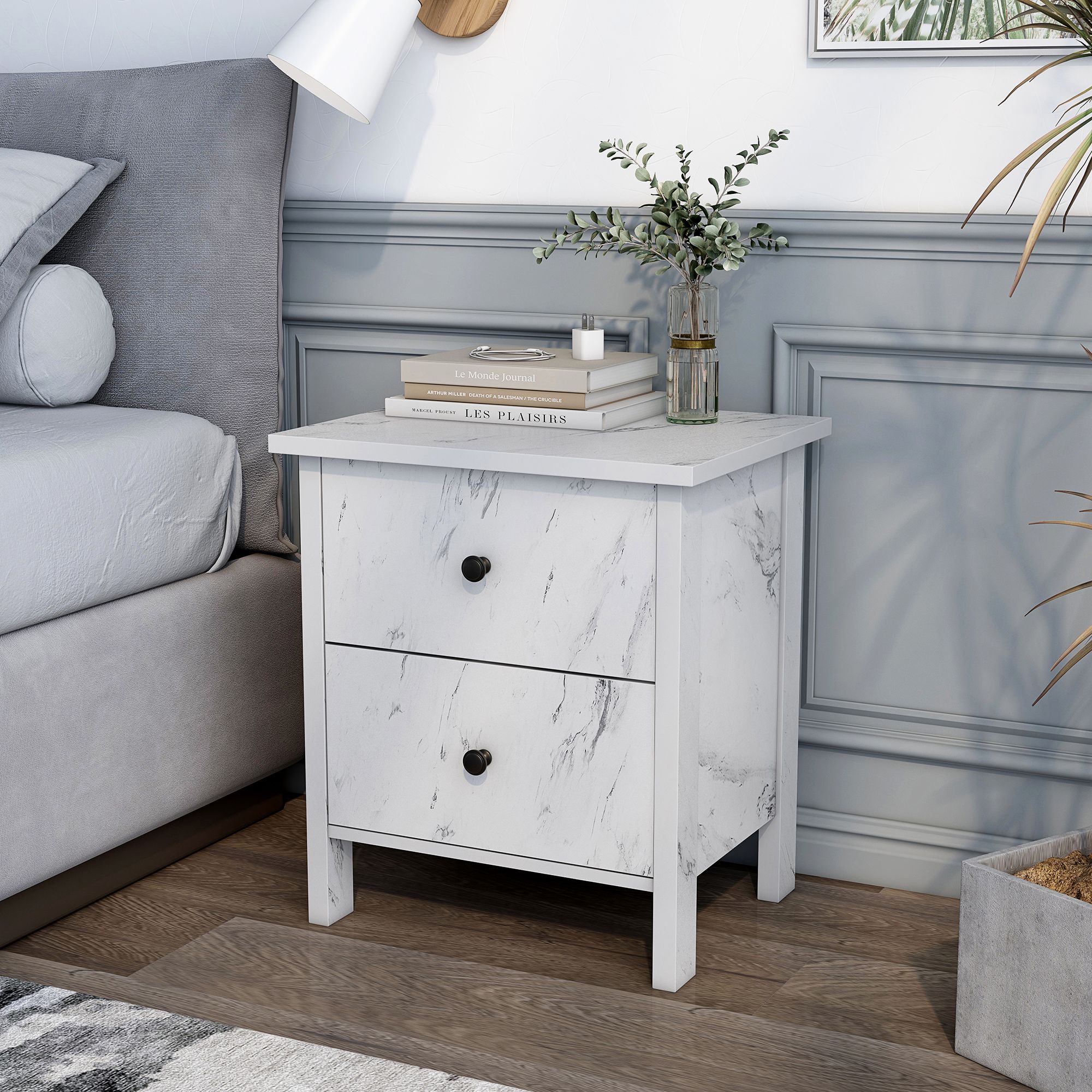 Knott 19" Wide White Faux Marble 2-Drawer Nightstand