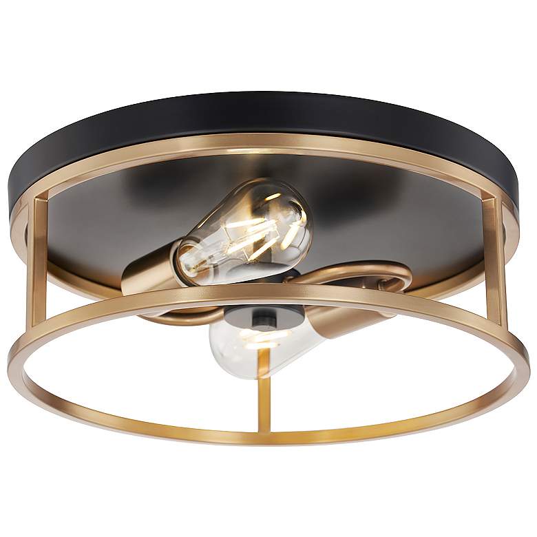 Image 3 Knox 13" Wide 2 Light Matte Black And Brass Round Flush Mount more views