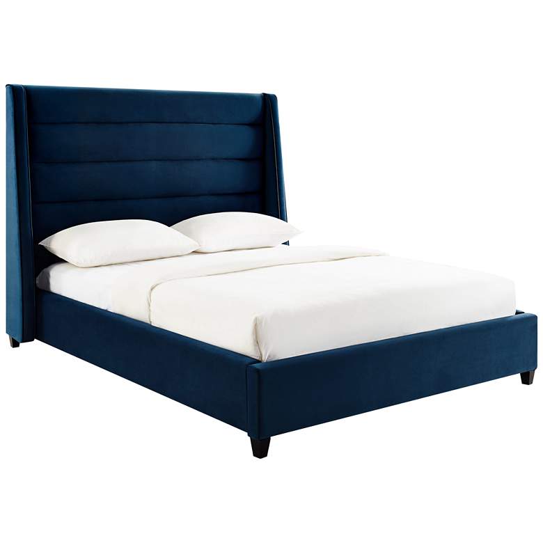 Image 1 Koah Navy Velvet Channel Tufted Queen Platform Bed