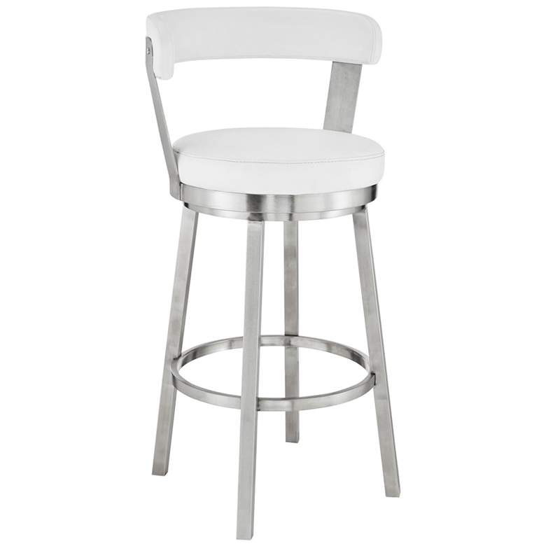 Image 1 Kobe 26 in. Swivel Barstool in Brushed Stainless Steel, White Faux Leather