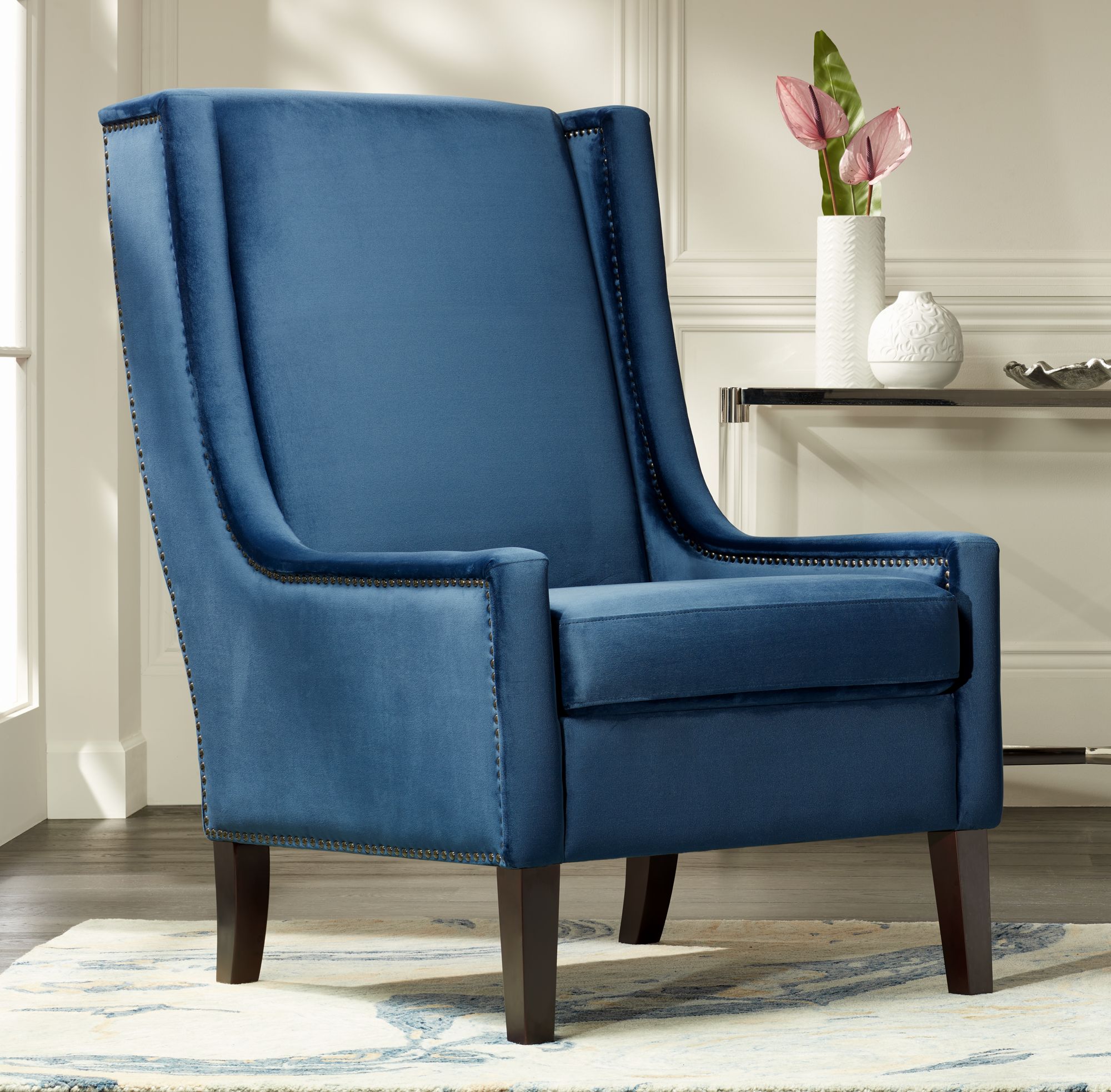 blue velvet wing chair