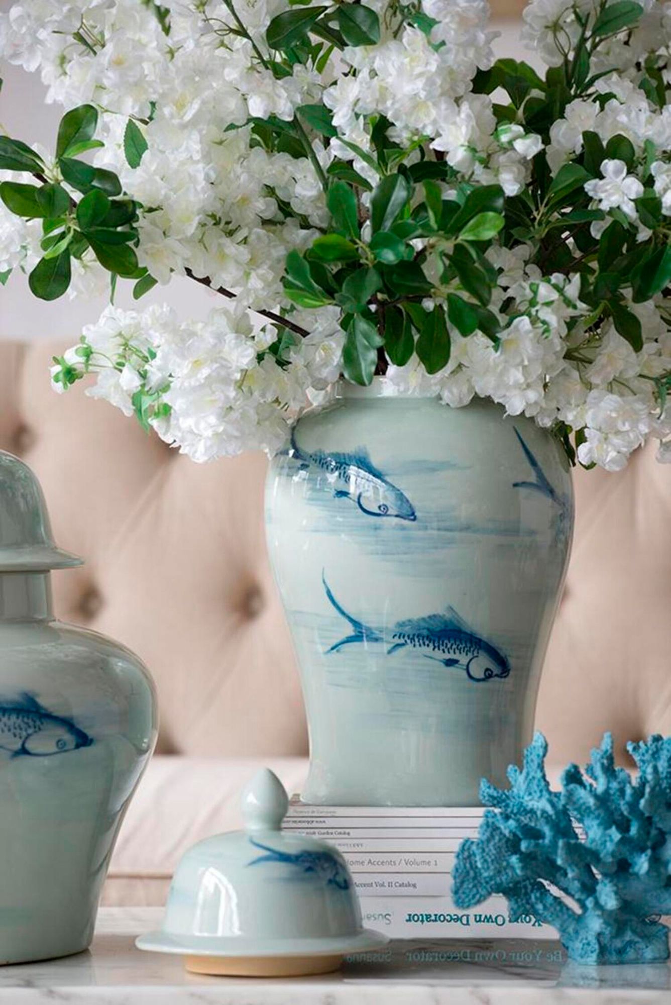 Koi 17.9" High Gloss Blue and White Ginger Jar