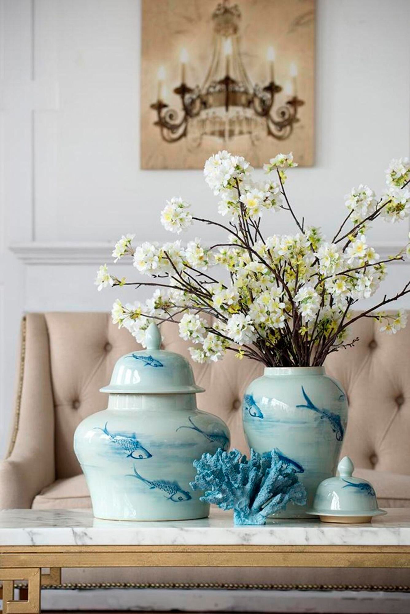Koi 17.9" High Gloss Blue and White Ginger Jar
