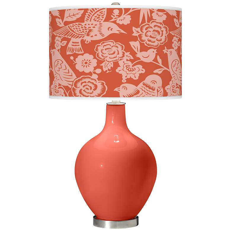 Image 1 Koi Coral Orange Ovo Table Lamp with Aviary Pattern Shade
