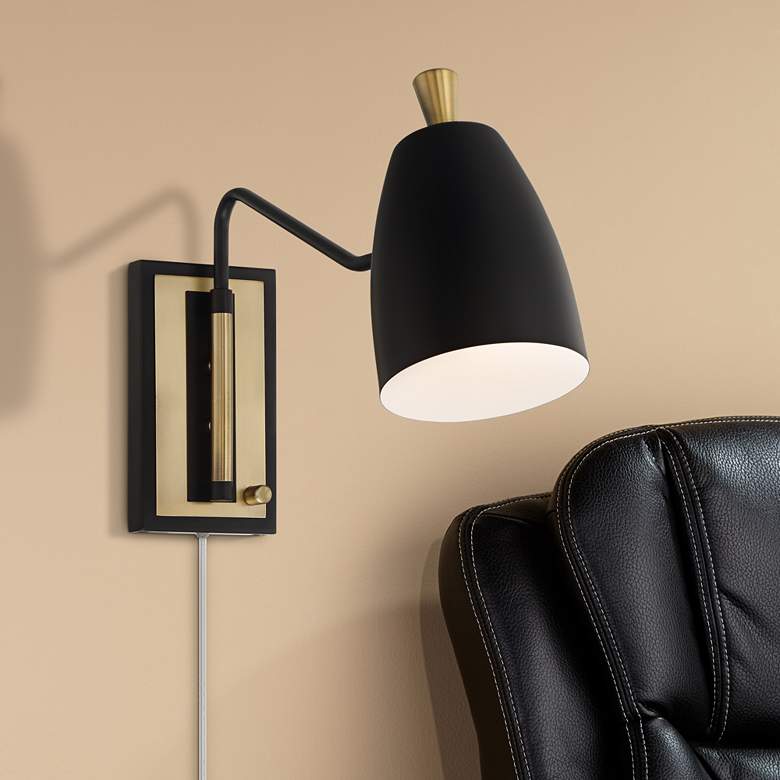 Image 1 Kona Black and Antique Brass Swing Arm Plug-In Wall Lamp