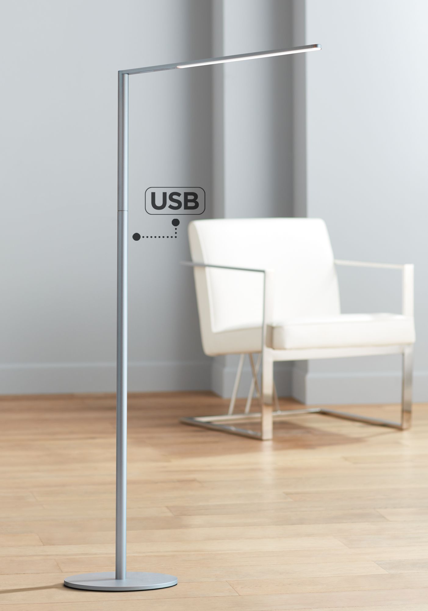 Koncept Lady-7 Silver LED Modern Floor Lamp with USB Port