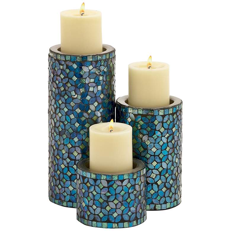 Image 1 Kristax Blue Teal Mosaic Pillar Candle Holders Set of 3
