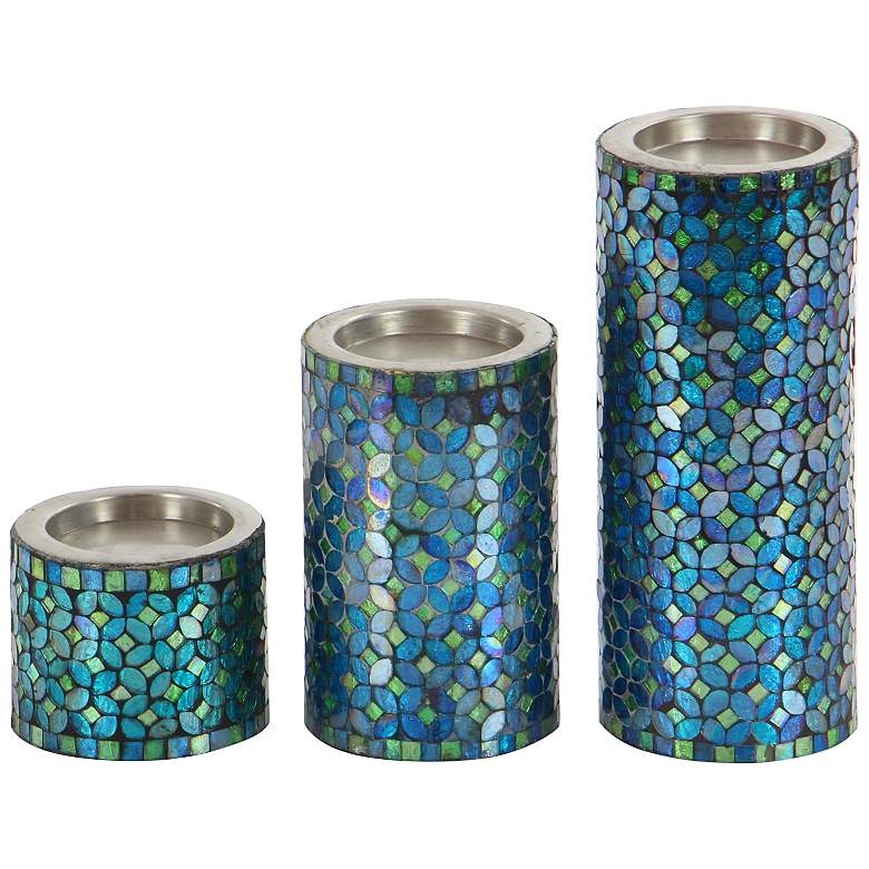 Image 4 Kristax Blue Teal Mosaic Pillar Candle Holders Set of 3 more views
