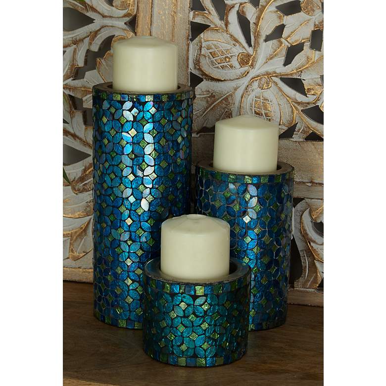 Image 5 Kristax Blue Teal Mosaic Pillar Candle Holders Set of 3 more views