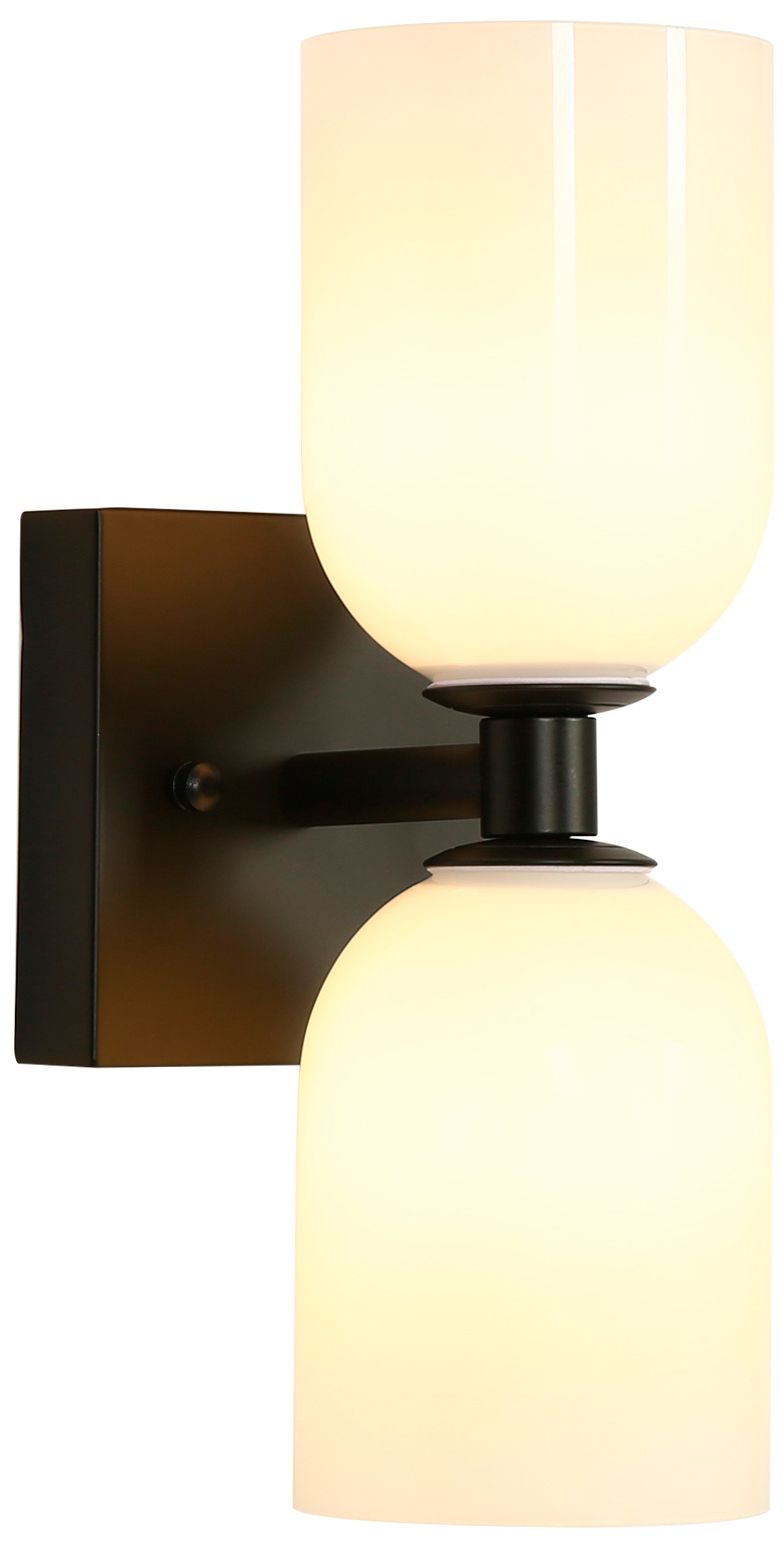 Kryos Modern Black 12.2" 2-Light Wall Sconce Opal White Glass Dome Shade