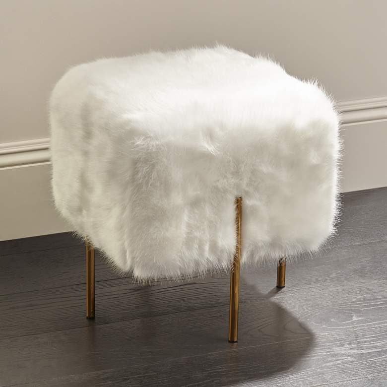 Image 1 Kube Faux Fur White Square Ottoman With Gold Legs