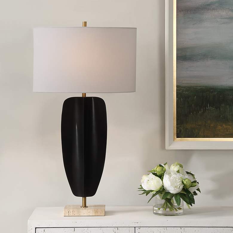 Image 1 Kure 30 1/4" Black Metal with Travertine Bae Table Lamp