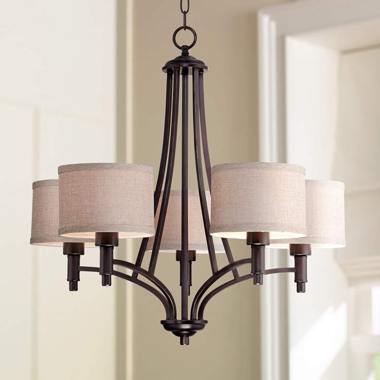 Image 1 La Pointe 26 inch Wide 5-Light Bronze and Oatmeal Linen Shade Chandelier