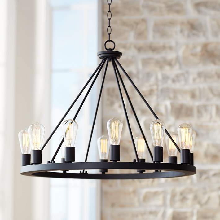 Konsekvent Due let Lacey 28" Wide Round Black 12-Light LED Wagon Wheel Chandelier - #W7307 |  Lamps Plus