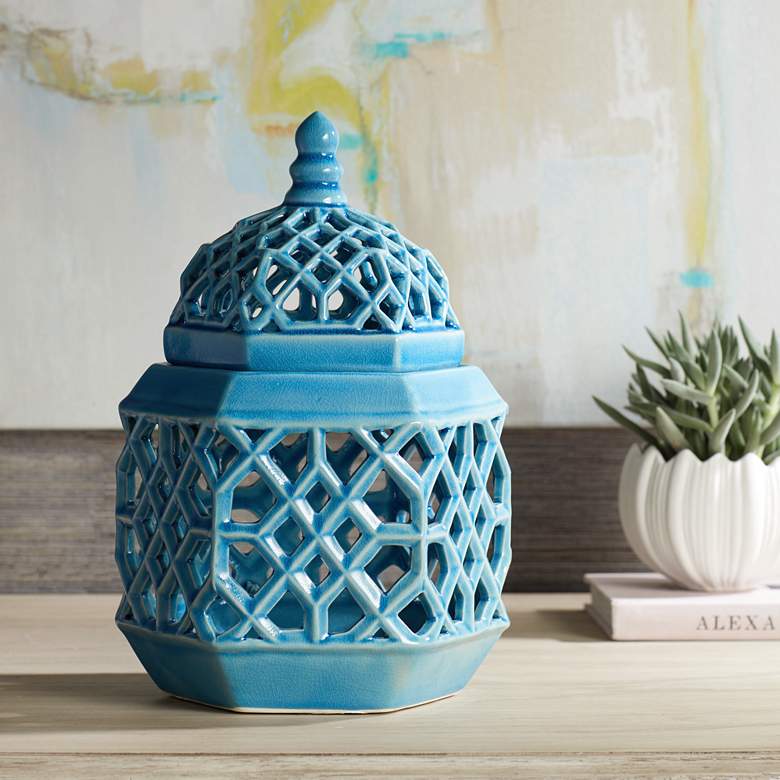 Image 1 Lachlan 12 1/4" High Light Blue Ceramic Jar with Lid