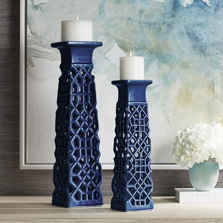 Image 1 Lachlan Dark Blue Ceramic Pillar Candle Holders Set of 2