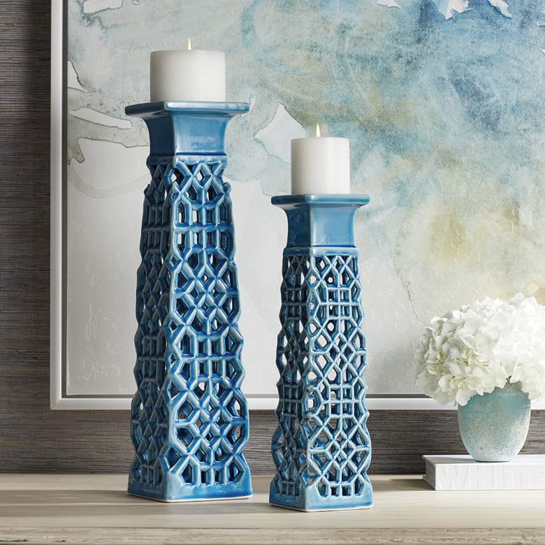 Image 1 Lachlan Light Blue Ceramic Pillar Candle Holders Set of 2