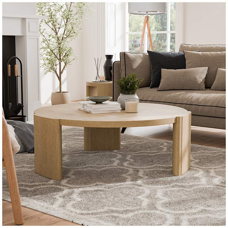 Image 2 Lacy 42" Oak Round Coffee Table with Plinth Base more views