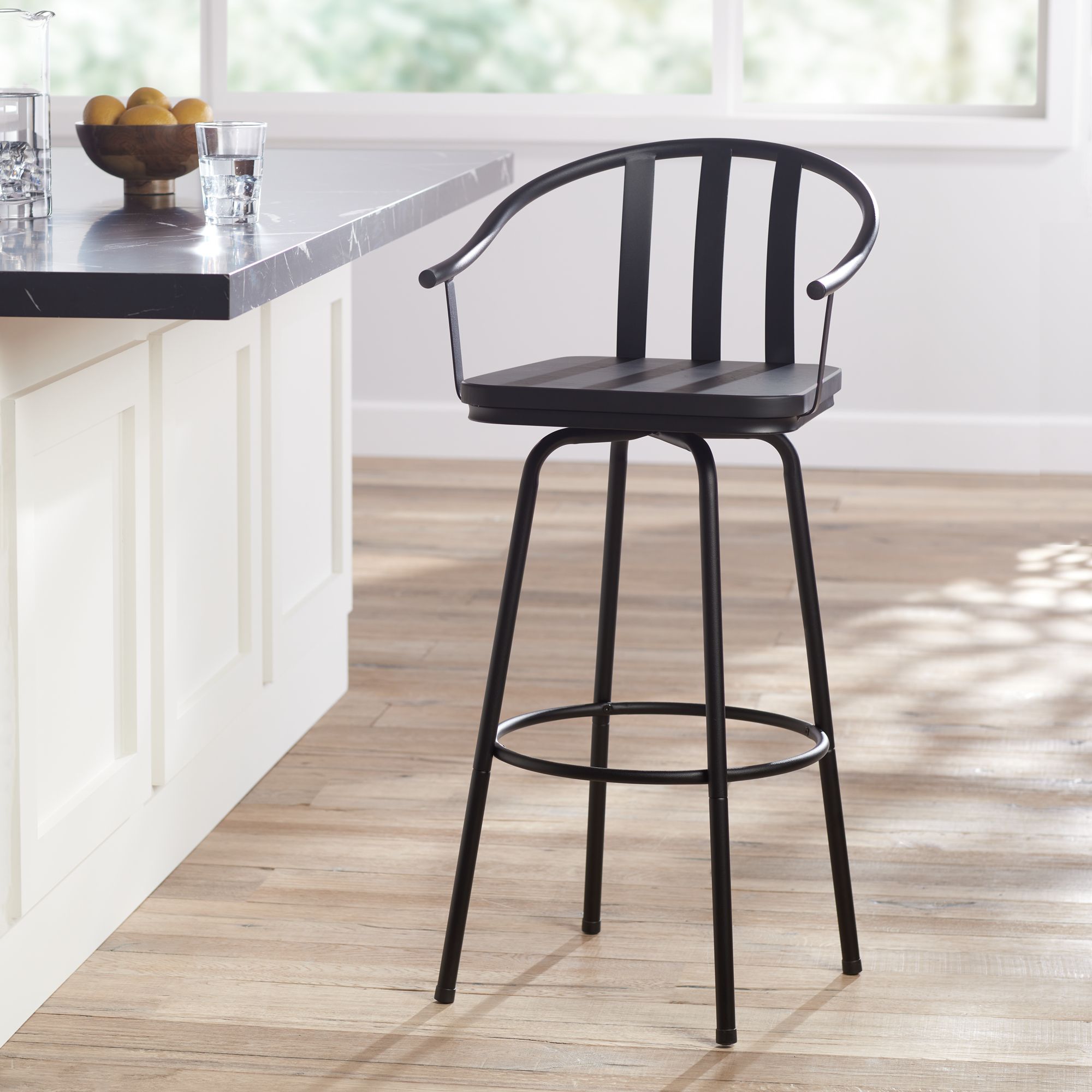 Lael 25 1/4" Black Metal and Wood Swivel Counter Stools Set of 2 in scene