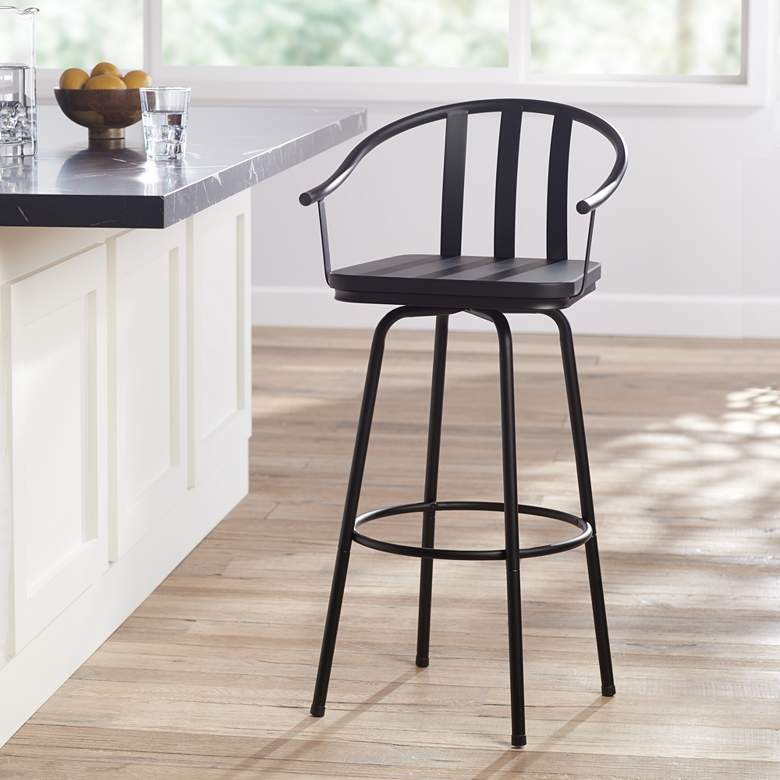 Image 2 Lael 25 1/4" High Black Metal and Wood Swivel Counter Stool