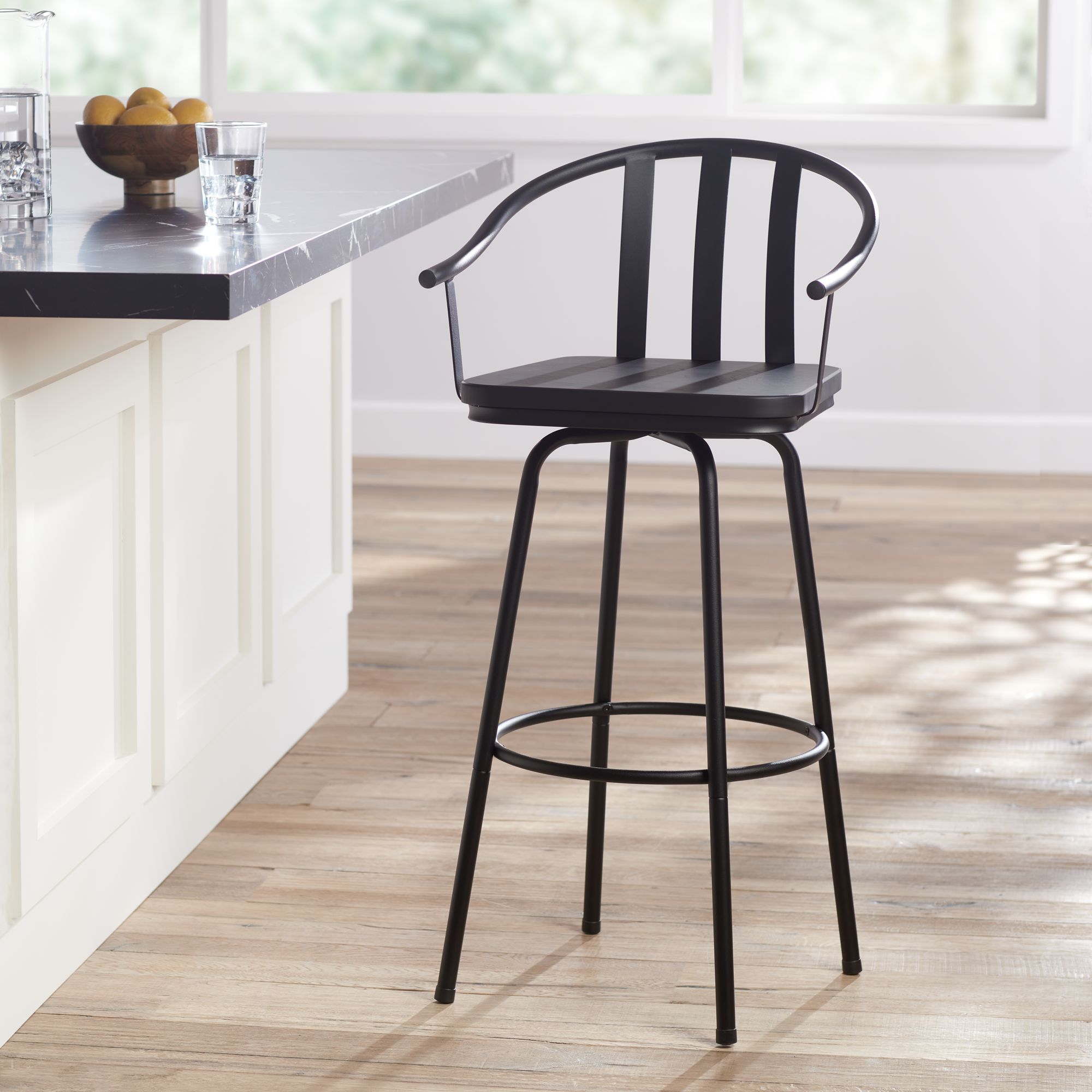 Lael Black Finish Metal and Wood Swivel Barstool by Elm Lane