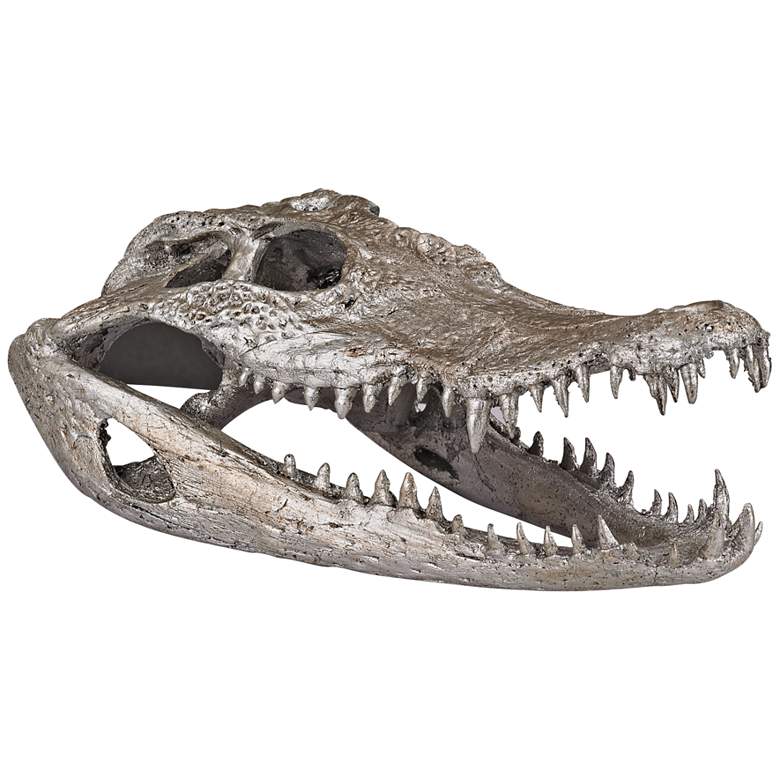 Image 1 Lago 9 inch Wide Silver Leaf Crocodile Skull Figurine
