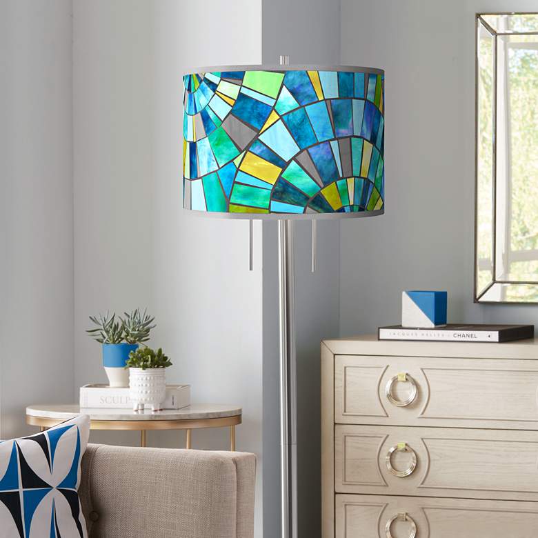 Image 1 Lagos Mosaic Pattern Giclee Shade Brushed Nickel Garth Modern Floor Lamp