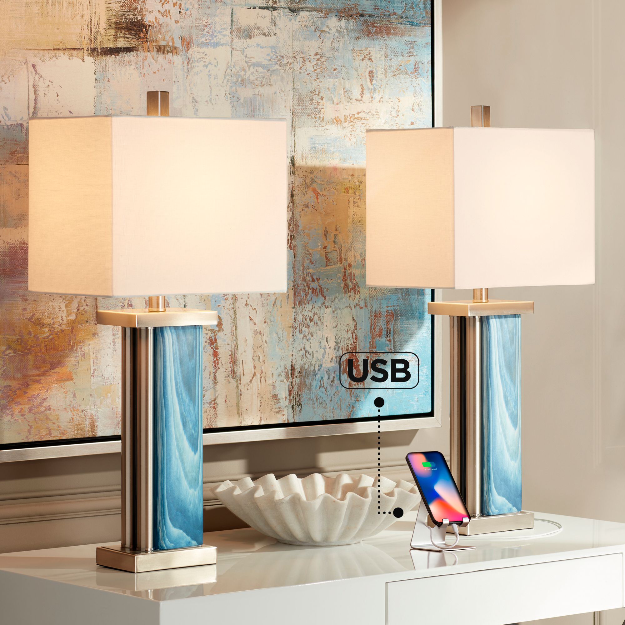 Laguna Blue Modern Coastal USB Table Lamps Set of 2