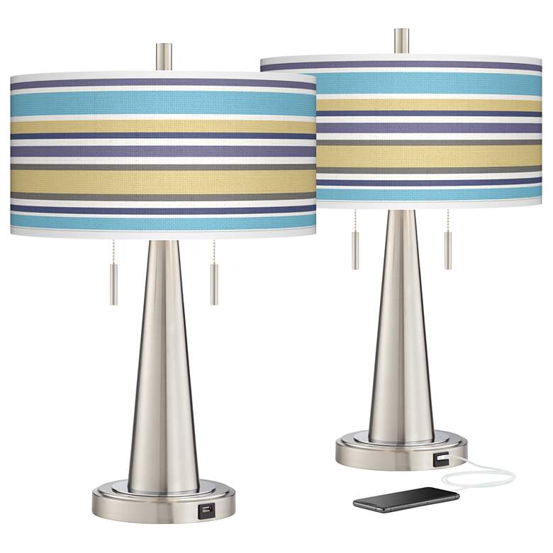 Image 1 Laguna Stripes Vicki Brushed Nickel USB Table Lamps Set of 2