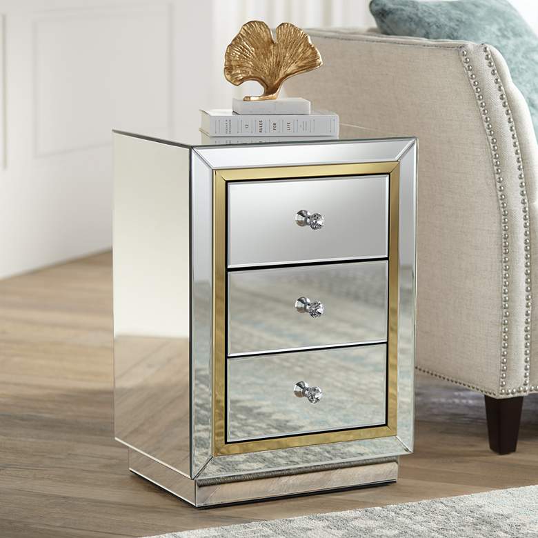 Laila 18&quot; Wide Gold-Trimmed Mirrored 3-Drawer Side Table