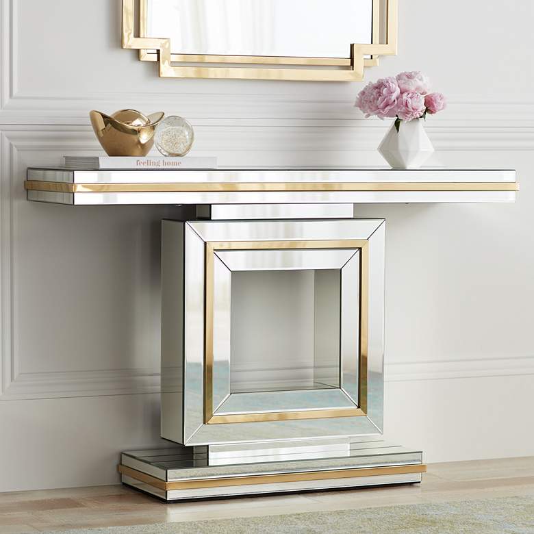 Laila 48&quot; Wide Gold-Trimmed Mirrored Console Table