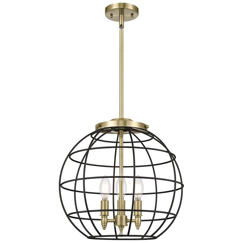 Image 1 Lake Placid 16"W 3 Light Antique Brass Stem Hung Pendant With Black Sh