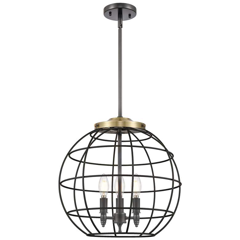 Image 1 Lake Placid 16"W 3 Light Black Brass Stem Hung Pendant With Black Shad
