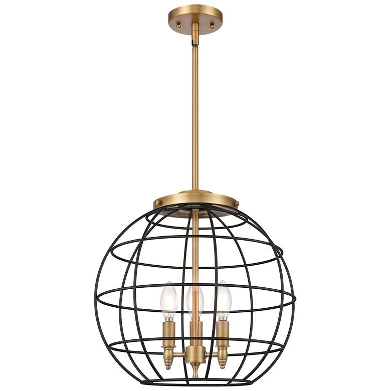 Image 1 Lake Placid 16"W 3 Light Brushed Brass Stem Hung Pendant With Black Sh